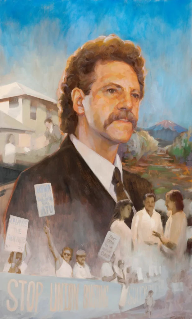 Illustration of founding organizer with office and mountains in the background